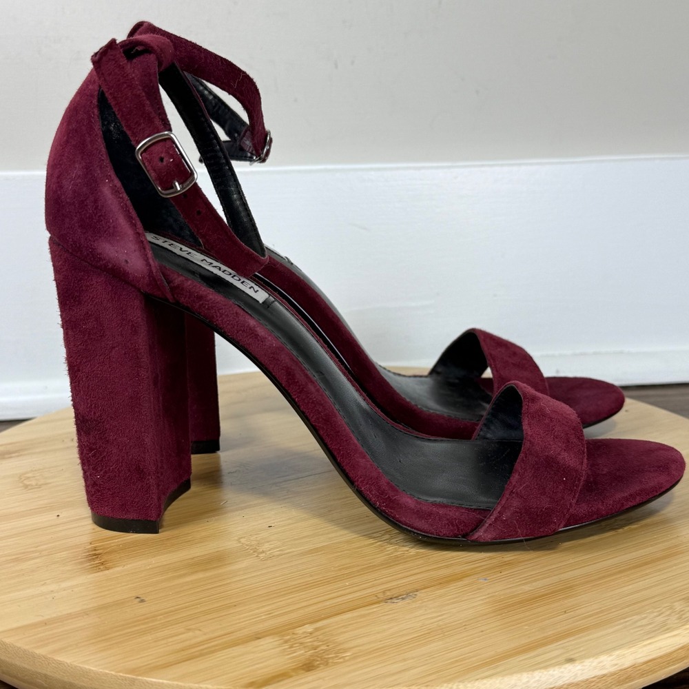 Steve Madden Carrson Sandals Women 10 Burgundy Suede Block Heel Date Night Wine